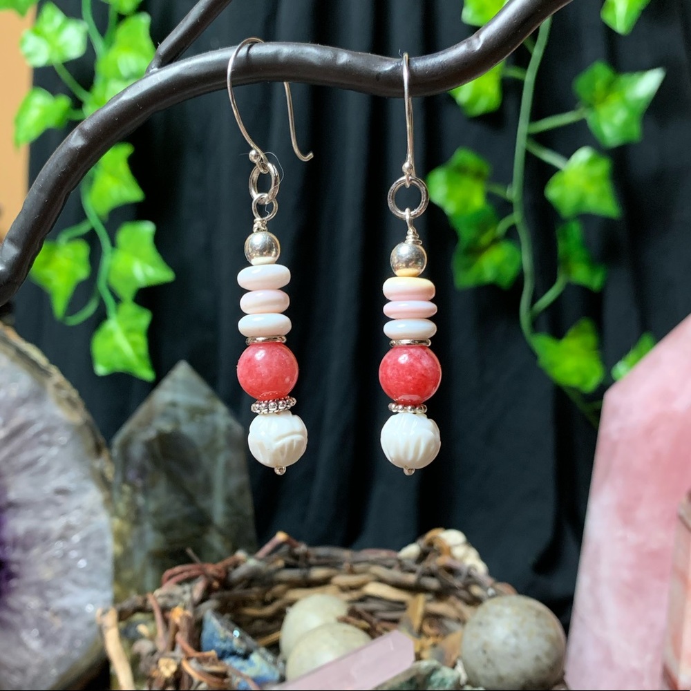 Rhodochrosite, pink queen conch and lotus earrings